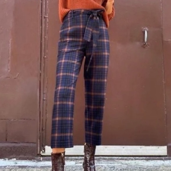 Aritzia Wilfred Wool Tie-Front Pants in Navy/Orange Plaid sz 0